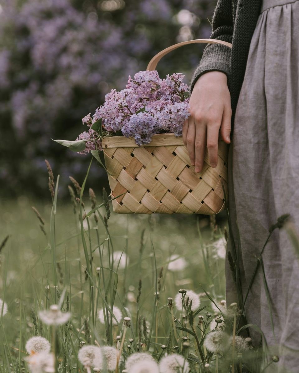 Mano sosteniendo un canasto con flores de lila recién cortadas en un prado