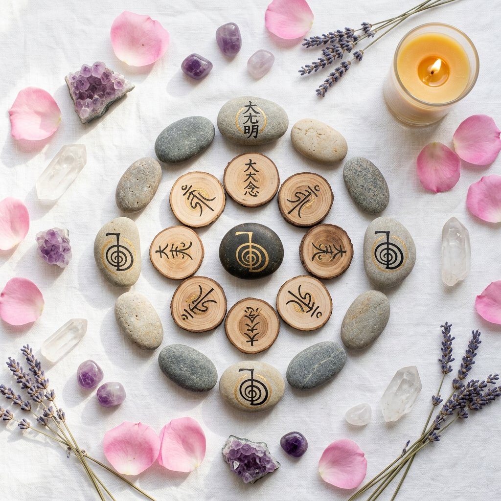 Símbolos de Reiki grabados en piedras y rodajas de madera dispuestos en mandala, rodeados de cristales de amatista, cuarzo, pétalos de rosa y lavanda
