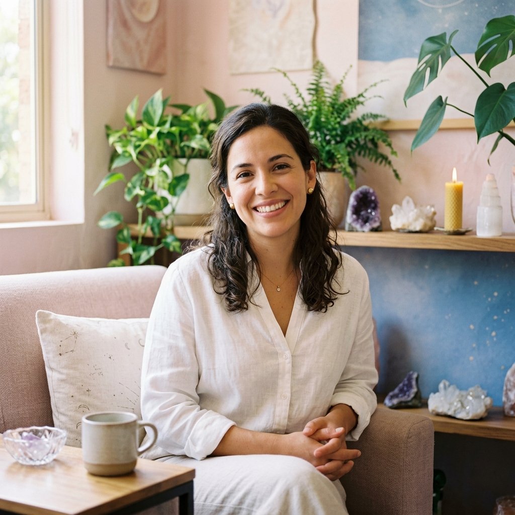 Claudia, terapeuta holística de Nawal, sentada en su espacio de consulta